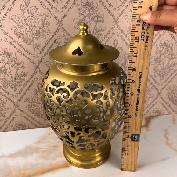 Luminary Alter Temple Jar Filigree Pattern Lid Open Bottom 13 in Metal Decor - Picture 4 of 11